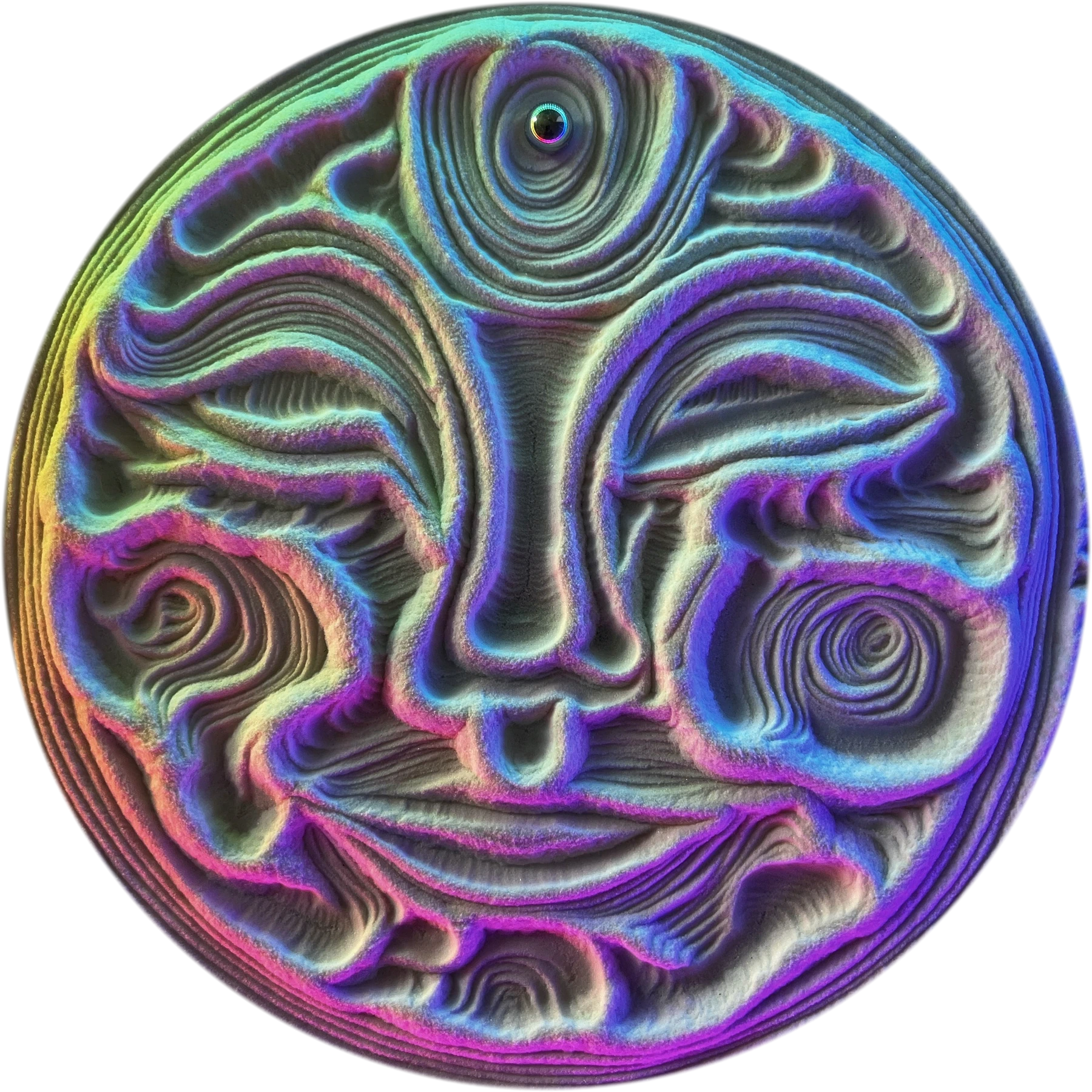 Sun face pattern traced in sand